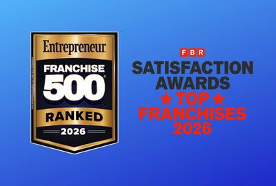 Blue background with two award badges for Entrepreneur Franchise 500 list and FBR's Satisfaction Awards