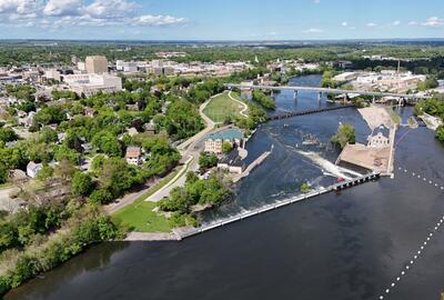 Aerial view of Appleton, WI Fox River Bridge and Dam