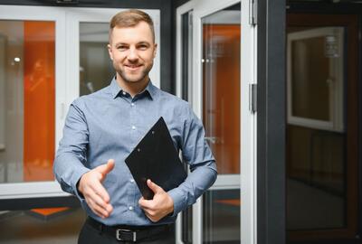 A young professional male facing the camera holding a clipboard and holding out his hand