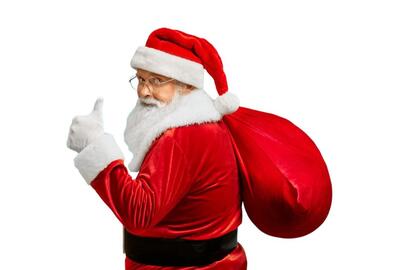 A picture of Santa looking at the camera over his left shoulder and giving a thumbs-up while he holds a red gift bag over his right shoulder.