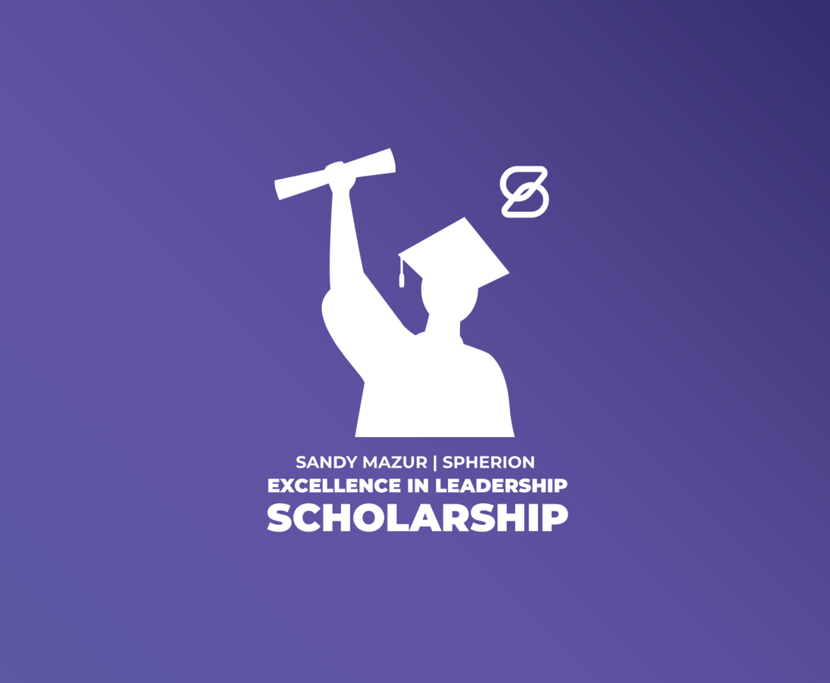 Purple background with a white silhouette of a scholar in cap and gown holding a diploma. Text reads Sandy Mazur Spherion Excellence in Leadership Scholarship