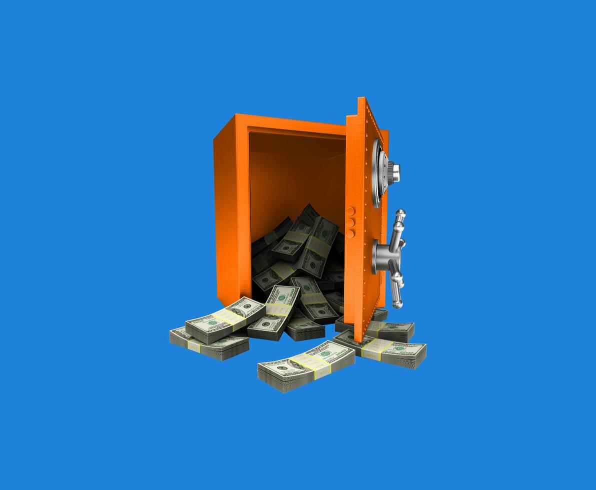 Blue background with an orange vault with cash money spilling out the front of the vault