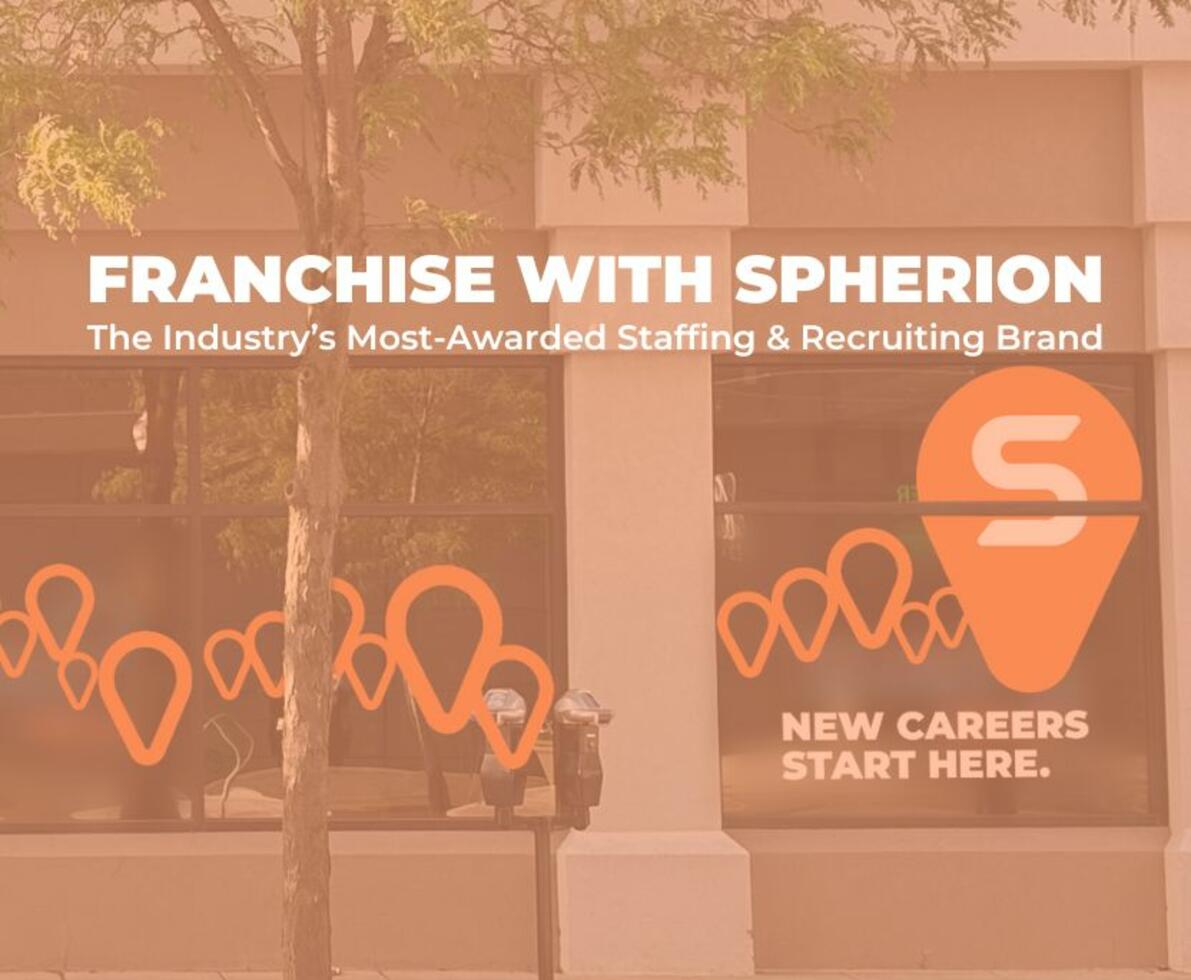 An orange color overlay over a photo of a Spherion office building. Text reads, Franchise with Spherion, America's Most-Awarded Staffing & Recruiting Brand