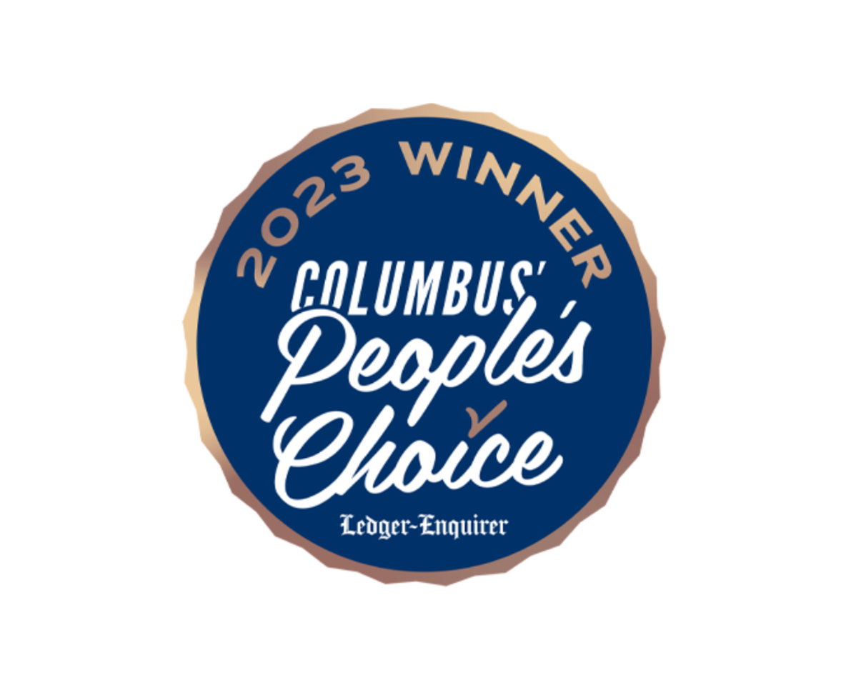 A white background with a blue and gold circular badge that reads, 2023 Winner Columbus People's Choice Kedger-Inquirer