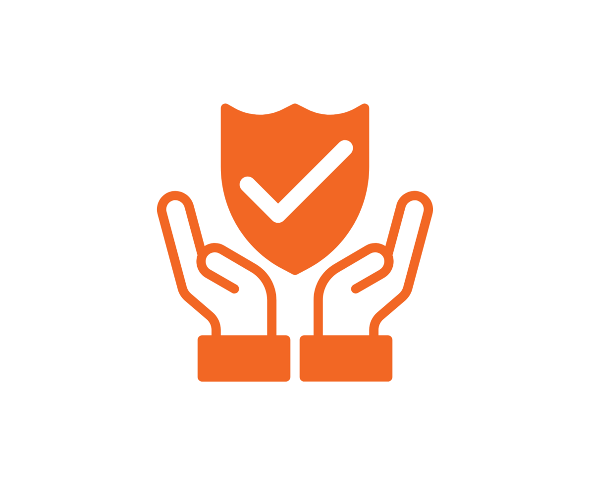 Orange outline of two hands holding up a shield with a white check mark in the middle