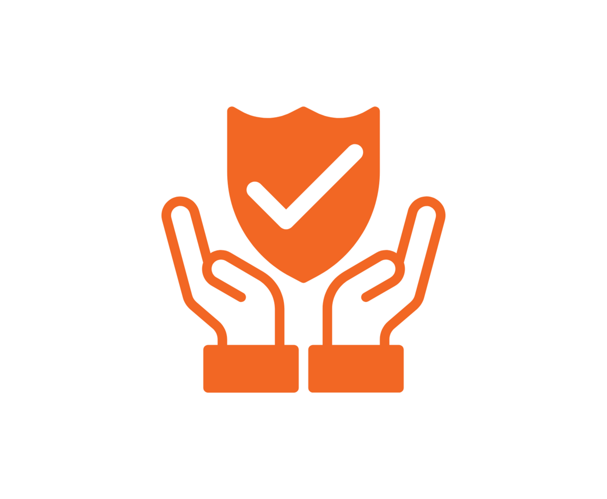 Spherion proactively engages employers and employees in safety training and maintains strict safety standards at our worksites. Orange outline of two hands holding up a shield with a white check mark in the middle