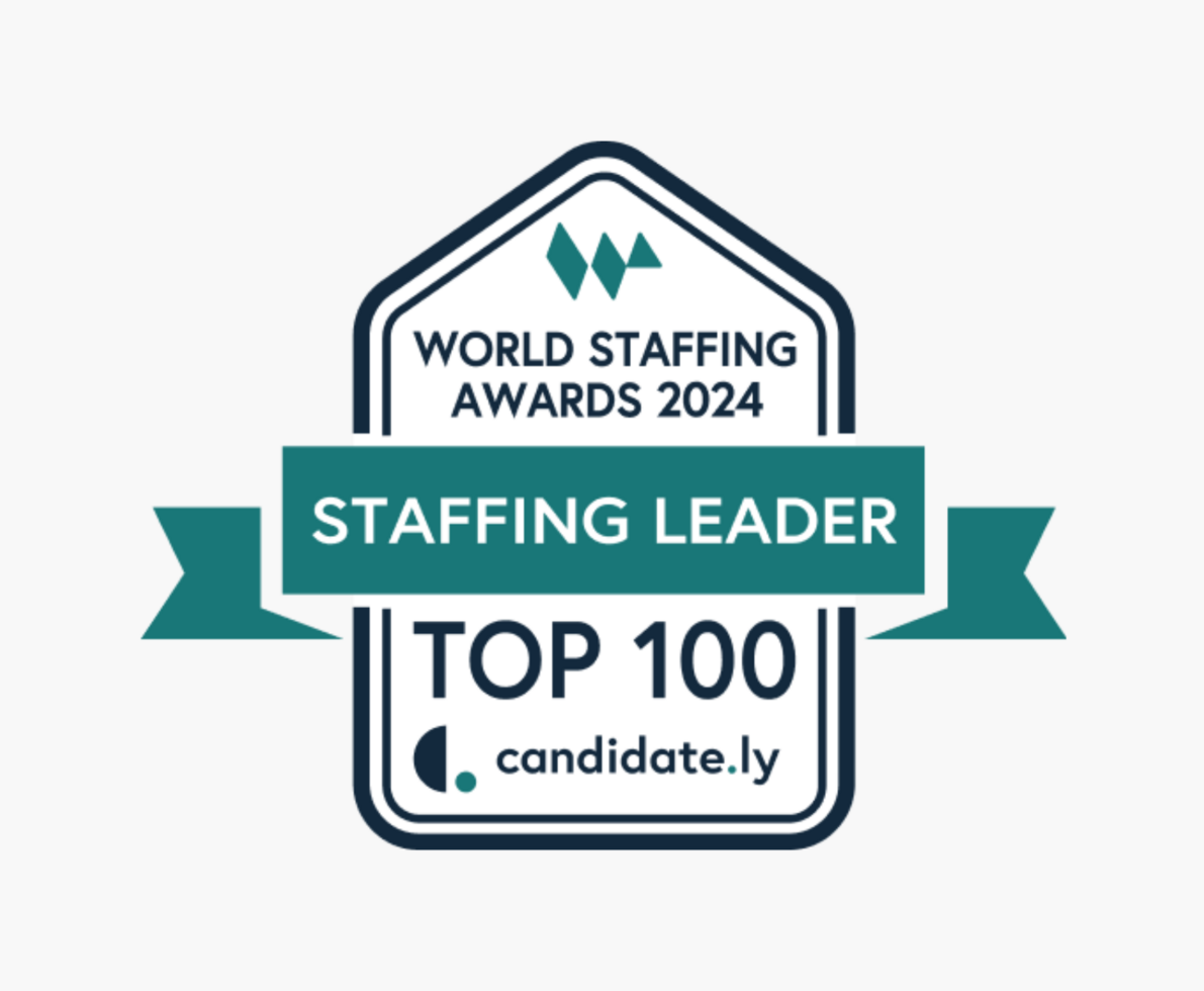 A black and teal badge on a light gray background. Badge reads, World Staffing Awards 2024, Staffing Leader, Top 100, Candidate.ly