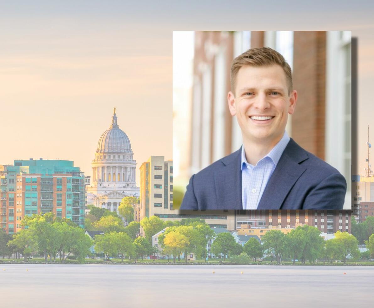 Landscape view of Madison, Wisconsin with an insect photo of a man in a suit