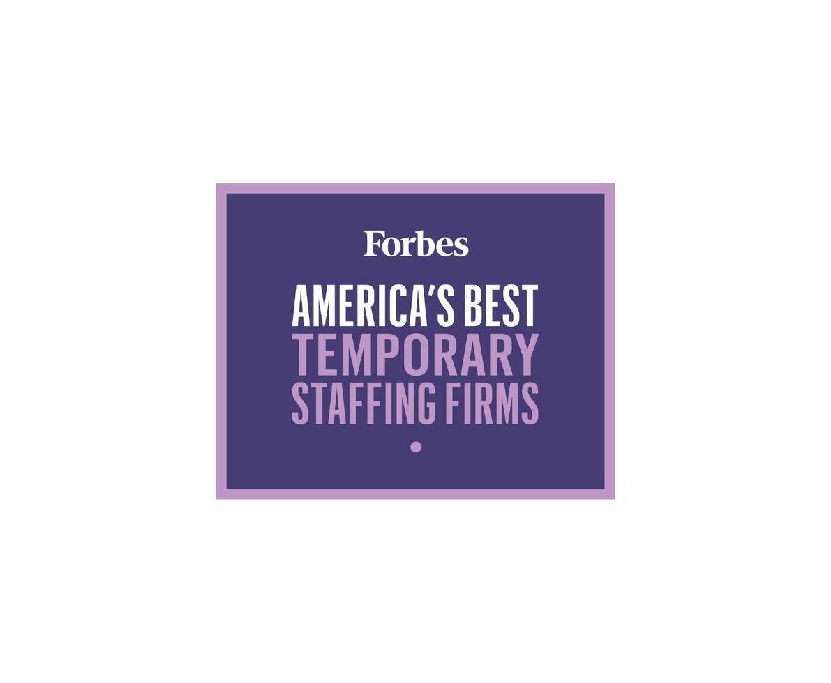 A white background with a purple rectangular badge in the middle that reads, Forbes America's Best Temporary Staffing Firms