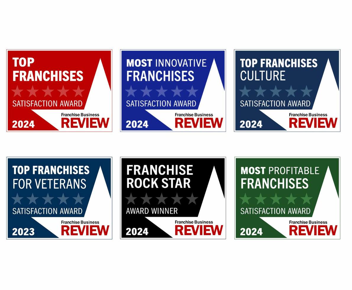 A white background with six award badges