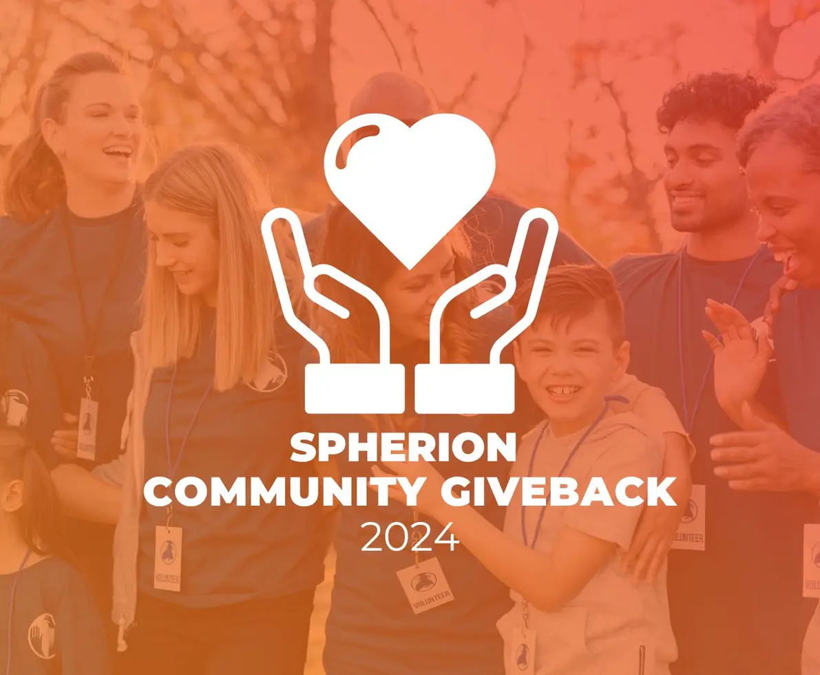A photo of volunteers in a group covered with an orange overlay and a white drawing of two hands holding a heart. Text reads,Spherion Community Giveback 2024.
