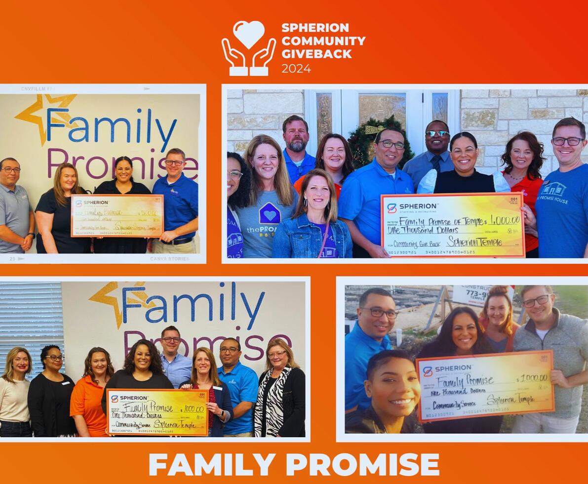 Collage of photos of agroup of professionals presenting funds to Family Promise of Bell County