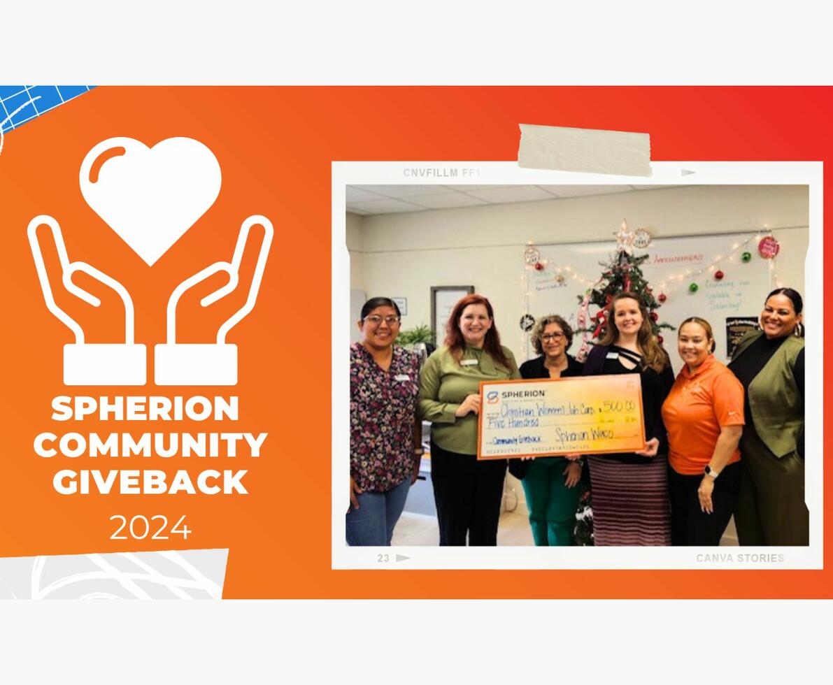 An orange graphic with a while logo of hands holding a heart and the text Spherion Community Giveback 2024. A photo of women holding a giant check.