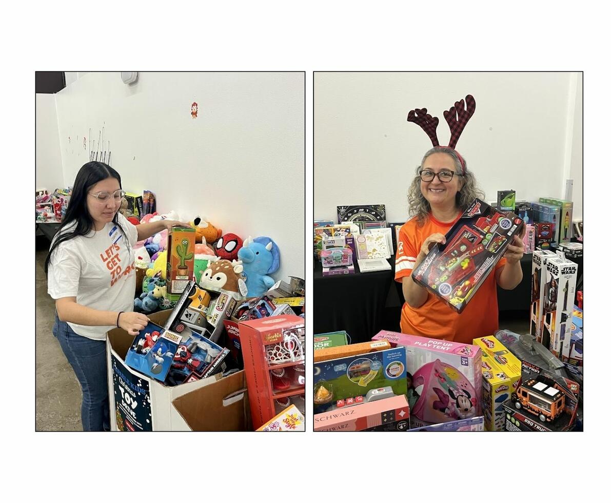 Two photos of women helping at a holiday charity event