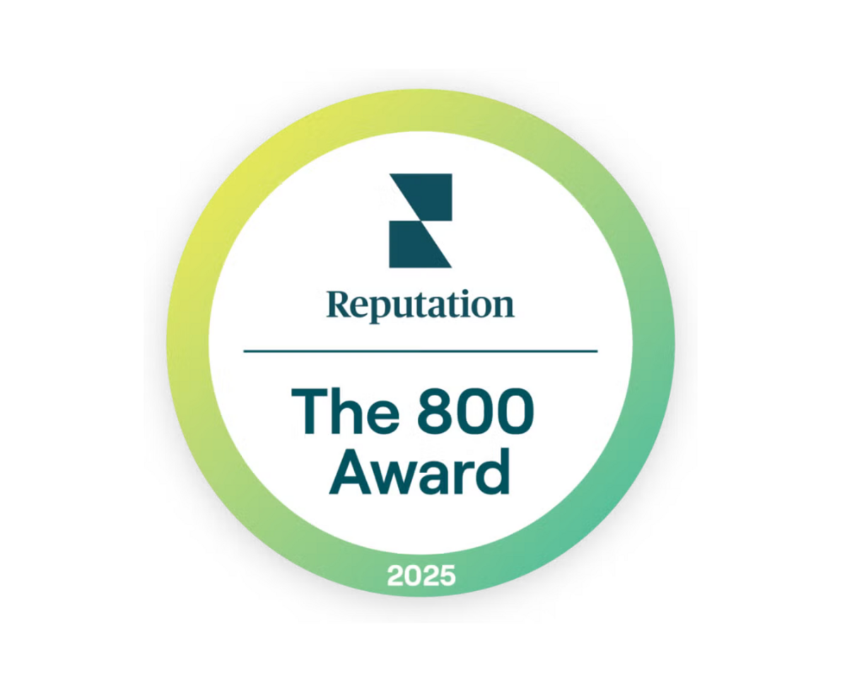 A yellow and green circular badge on a white background. Badge text reads, Reputation The 800 Award 2025.