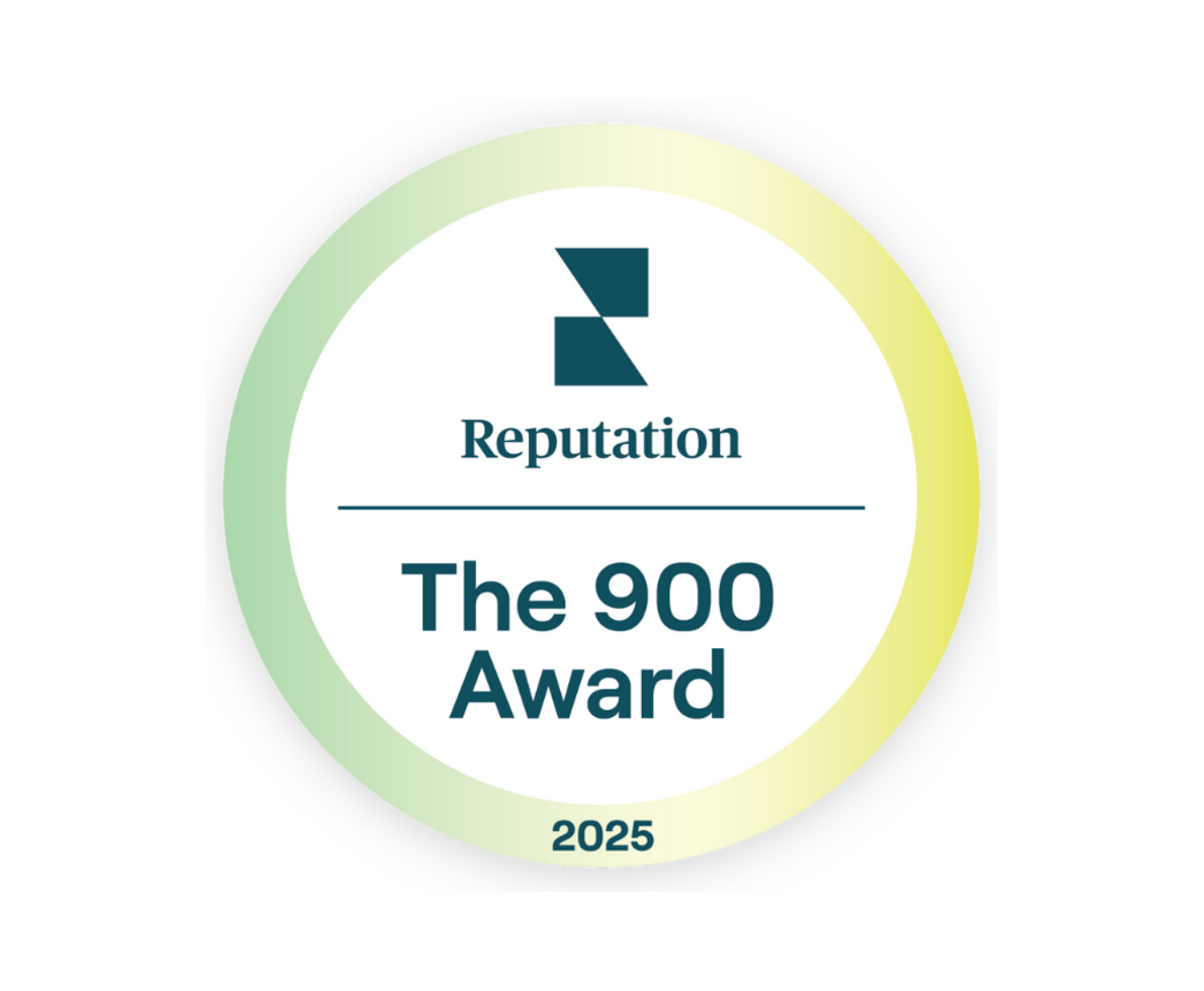 A white background with a green and yellow circular badge. Badge text reads, Reputation The 900 Award 2025