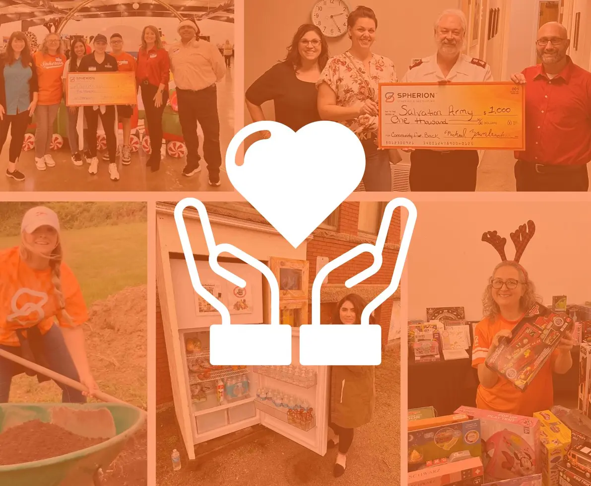 A collage of photos of volunteers with an orange overlay and a white symbol of hands holding a heart