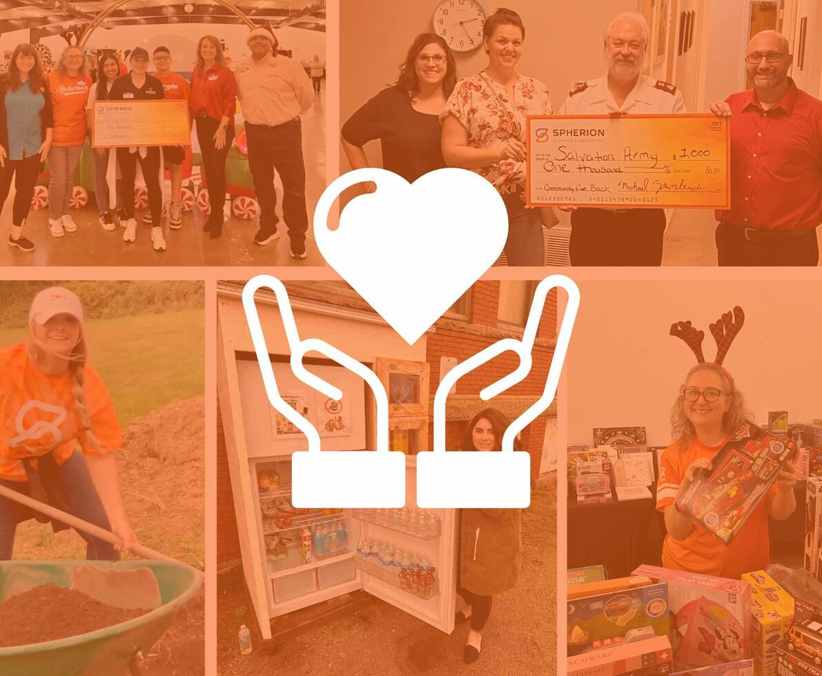 A collage of photos of volunteers with an orange overlay and a white symbol of hands holding a heart