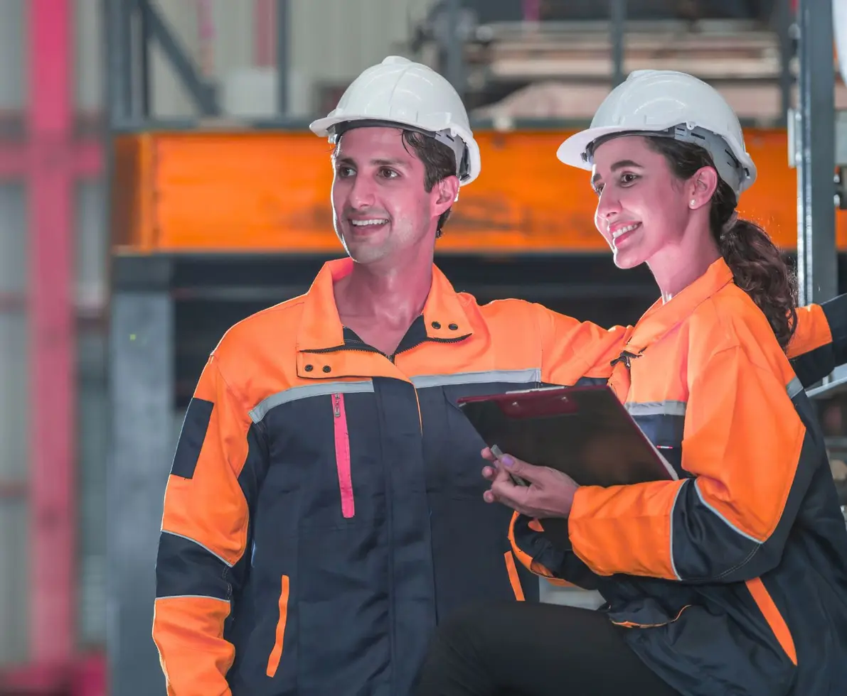 A man and woman in orange safety suits in a manufacturing plant