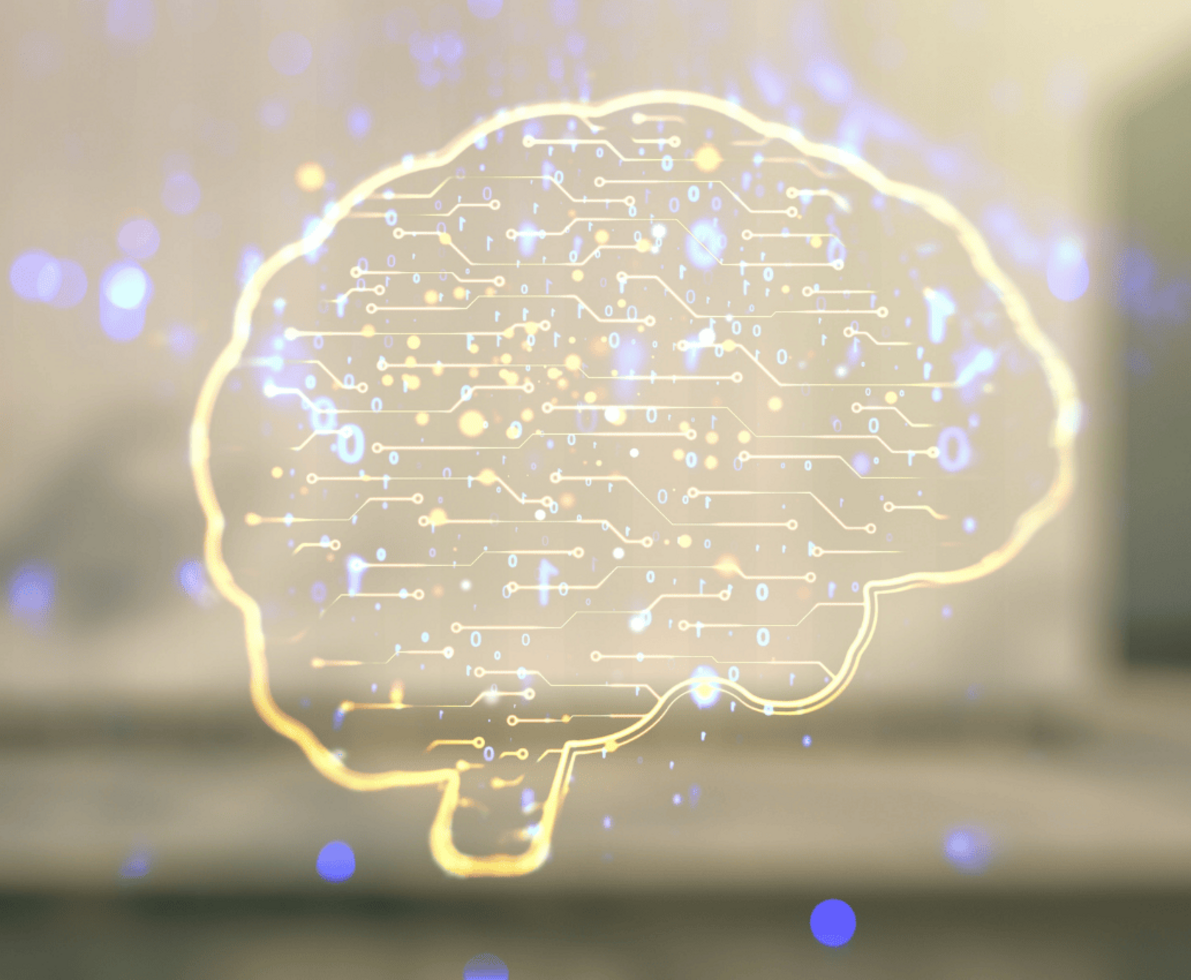 Illustration of a yellow brain on a bokeh background