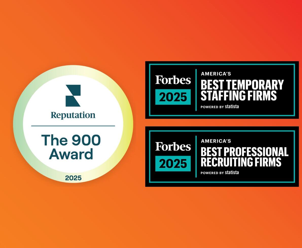 An orange background with 3 award badges