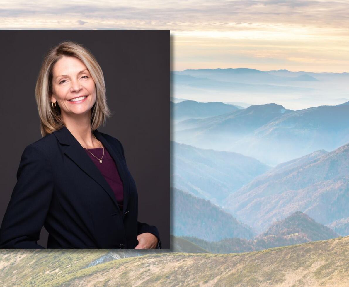 Photo of Molly Gaffney-Keebler over a background of the Blue Ridge Mountains