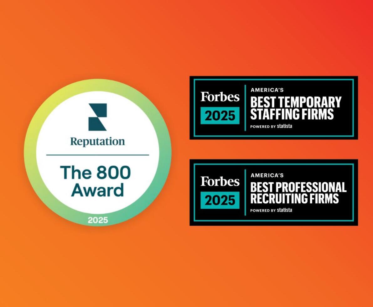 Orange background with three award badges