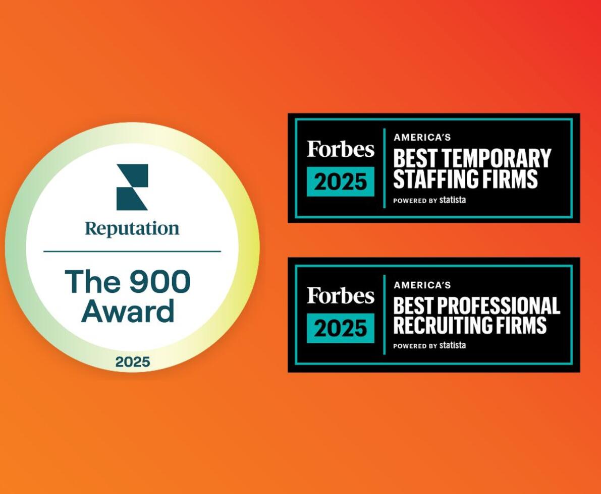 Orange background with three award badges