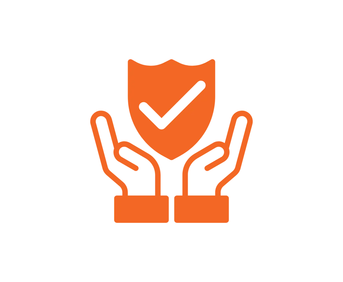 Orange hands holding an orange shield with checkmark