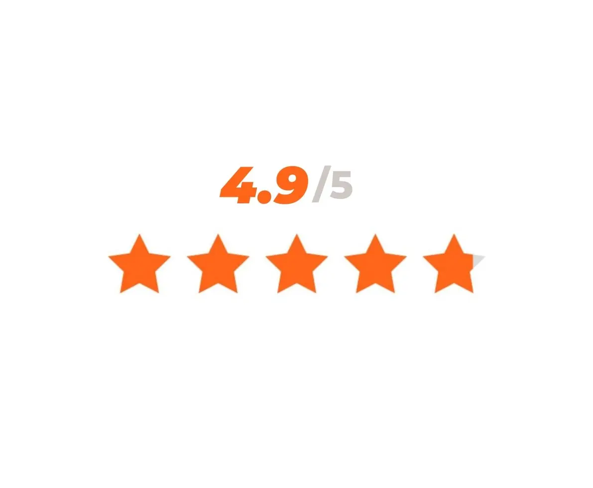 A graphic of the numerals 4.9 out of 5 above a row of five orange stars