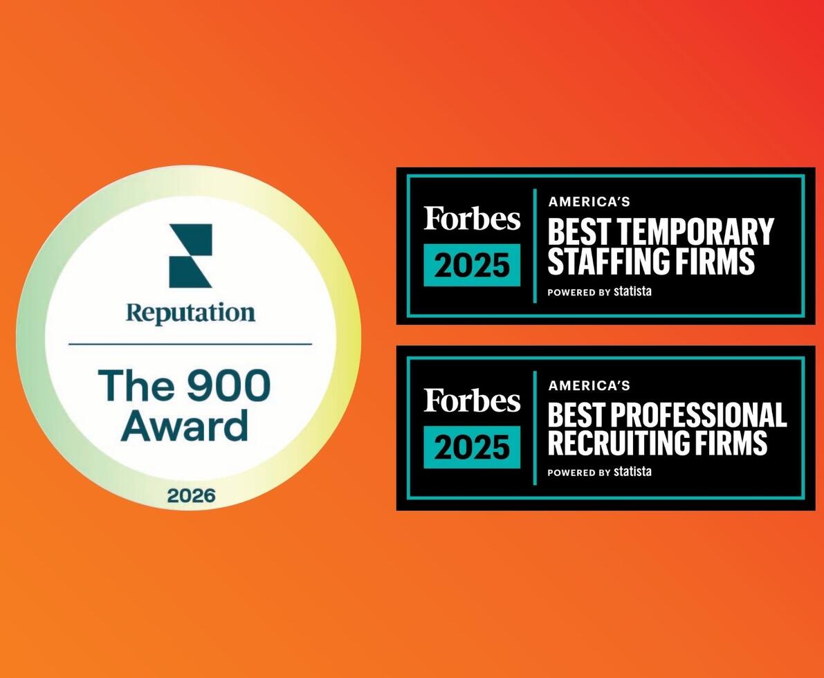 An orange background with 3 award badges