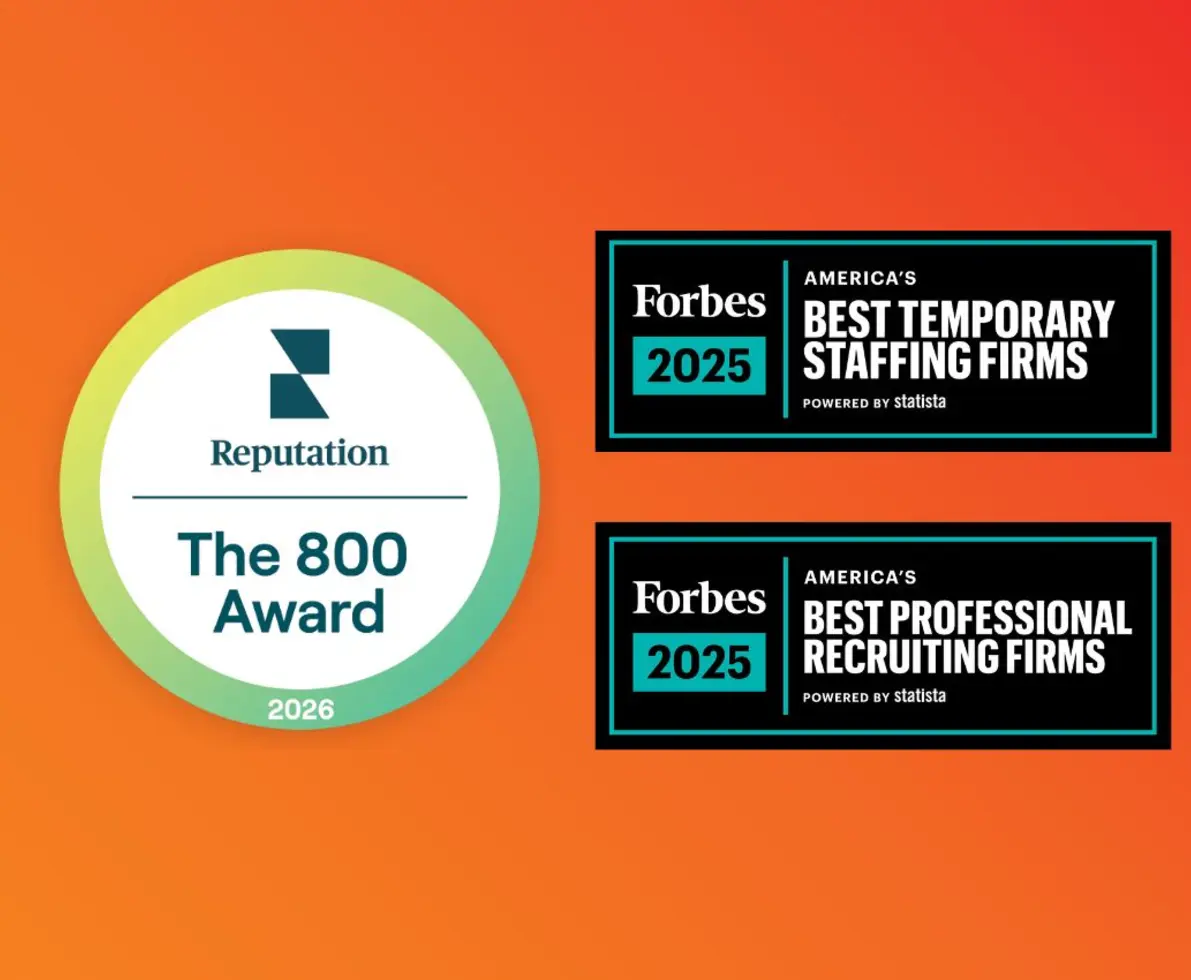 Orange background with three award badges