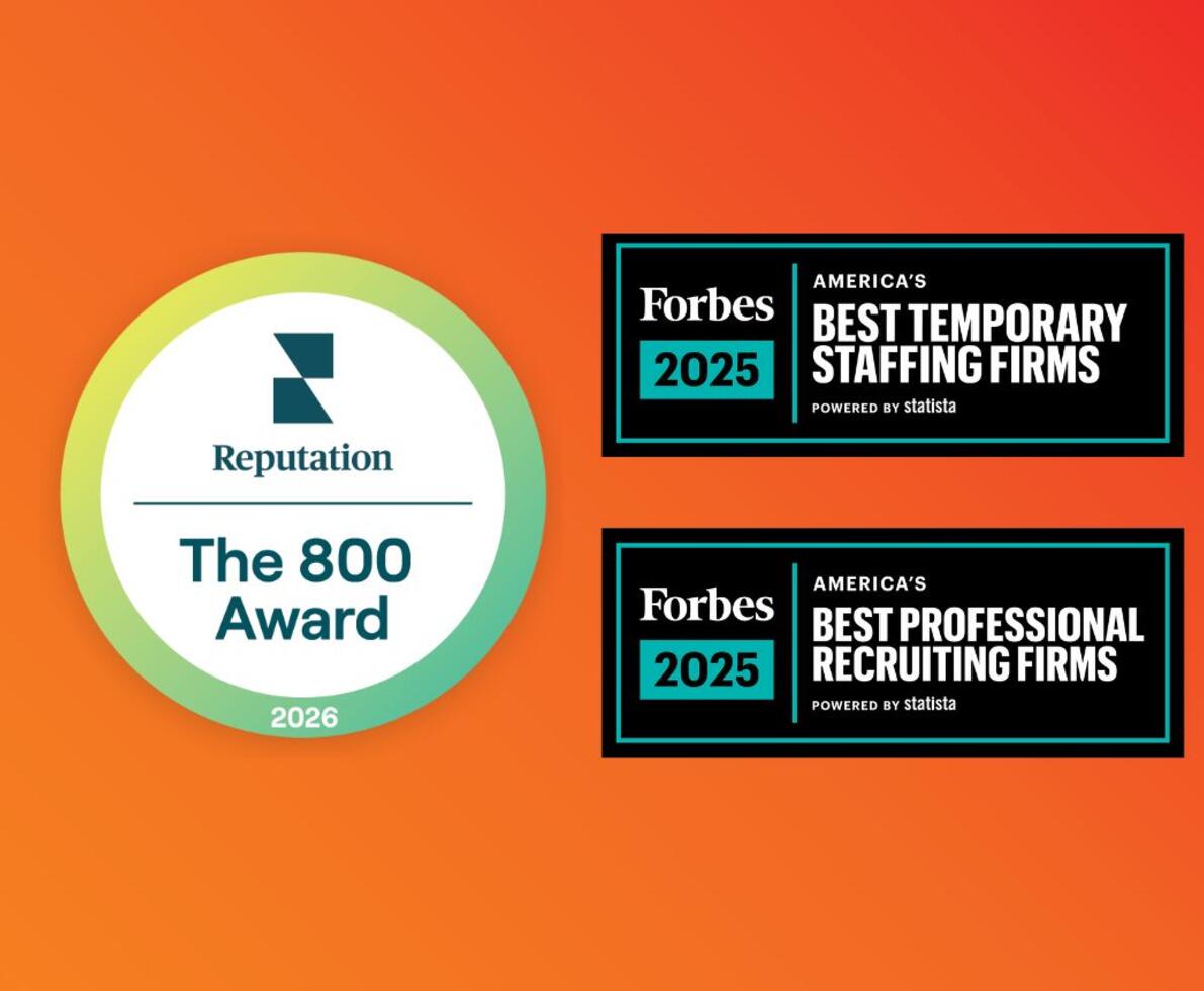 Orange background with three award badges