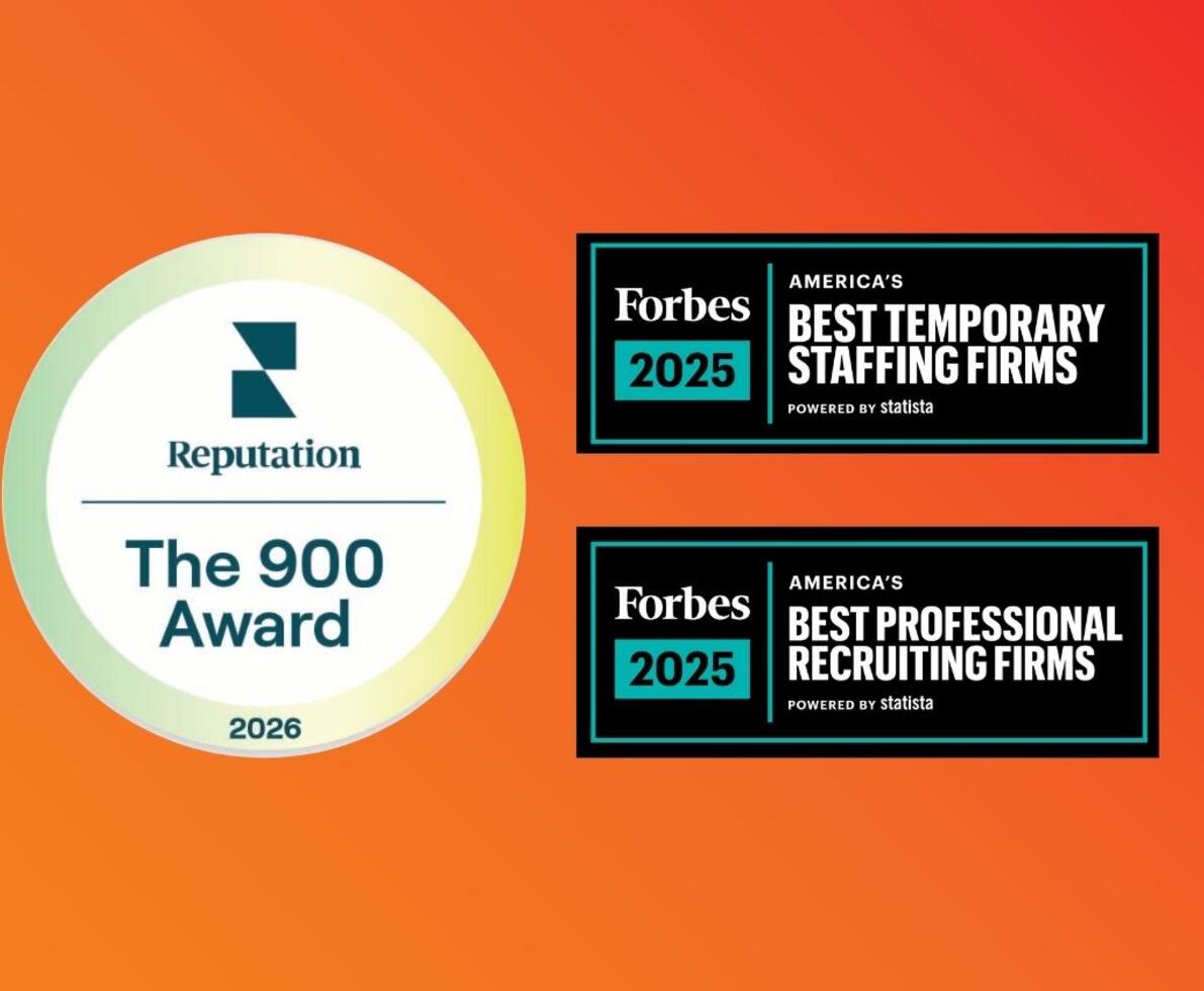 Orange background with three award badges