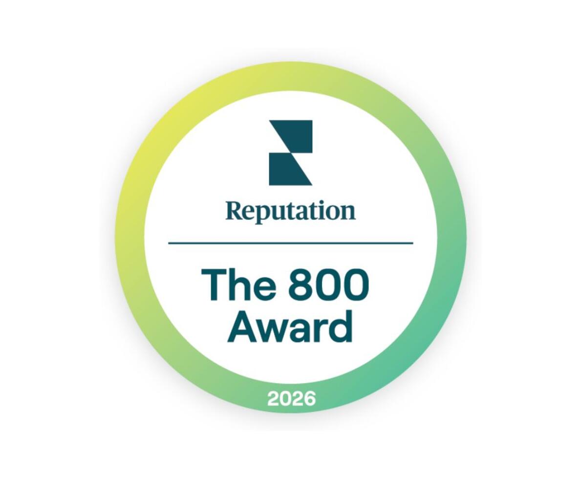 White background with a circular award badge that reads, Reputation The 800 award 2026