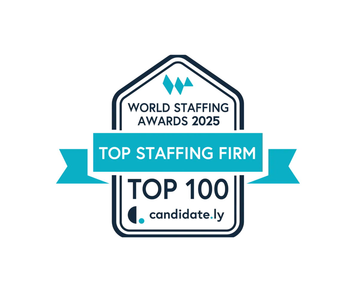 A white and purple badge that reads World Staffing Awards Top Staffing Firm