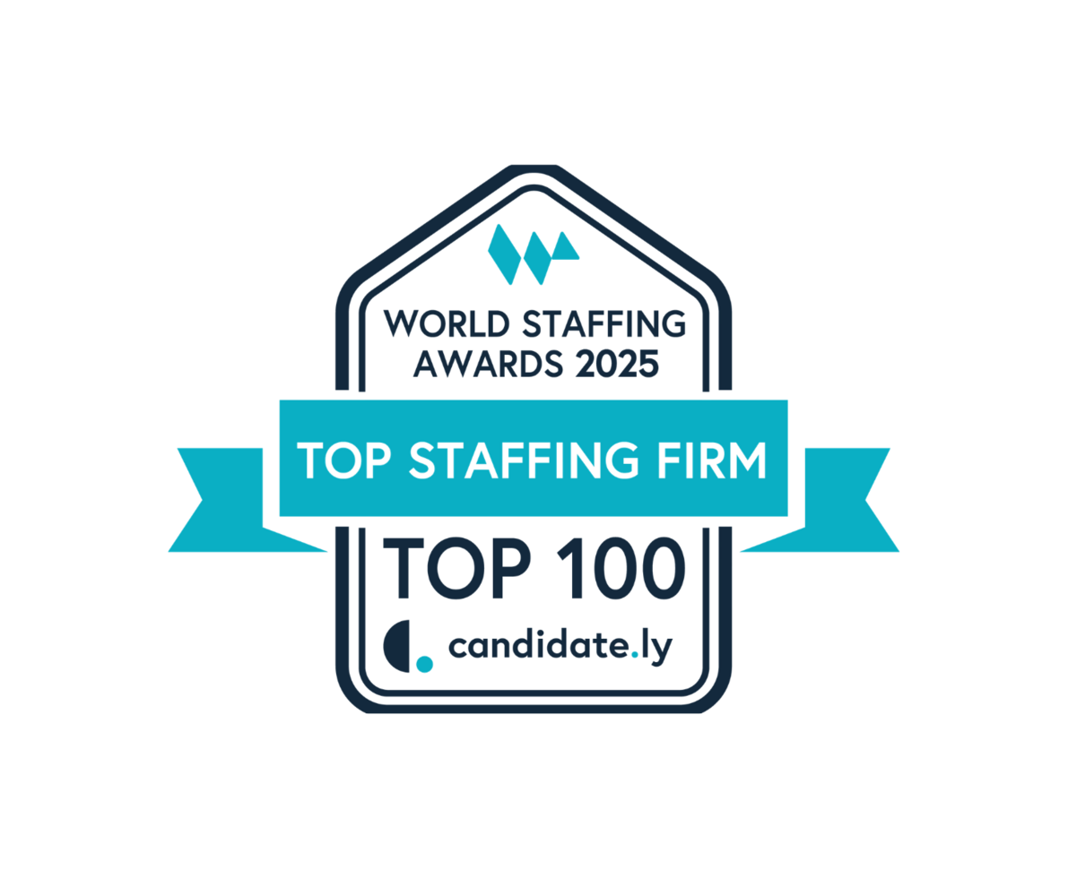 A white and purple badge that reads World Staffing Awards Top Staffing Firm