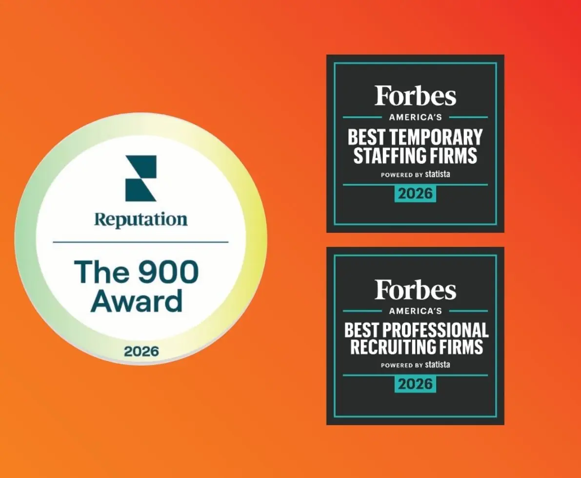 Orange background with 3 award badges 