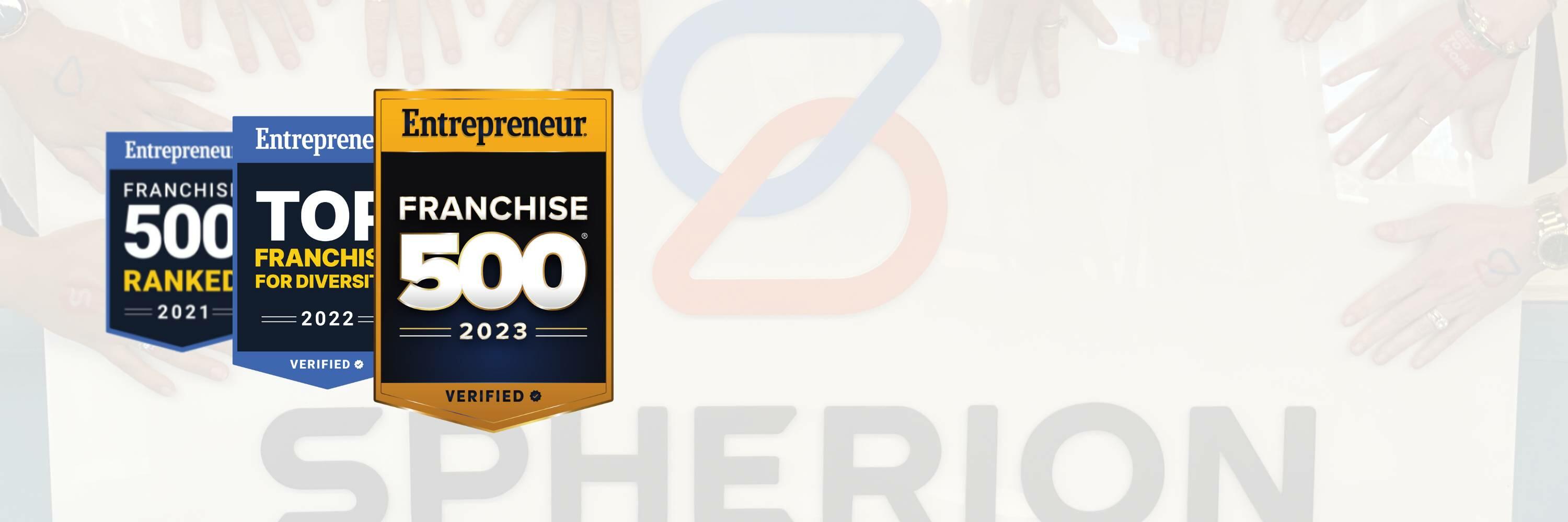 Three Entrepreneur 500 Ranked logos in succession ending with 2023 - Spherion Franchise Opportunity