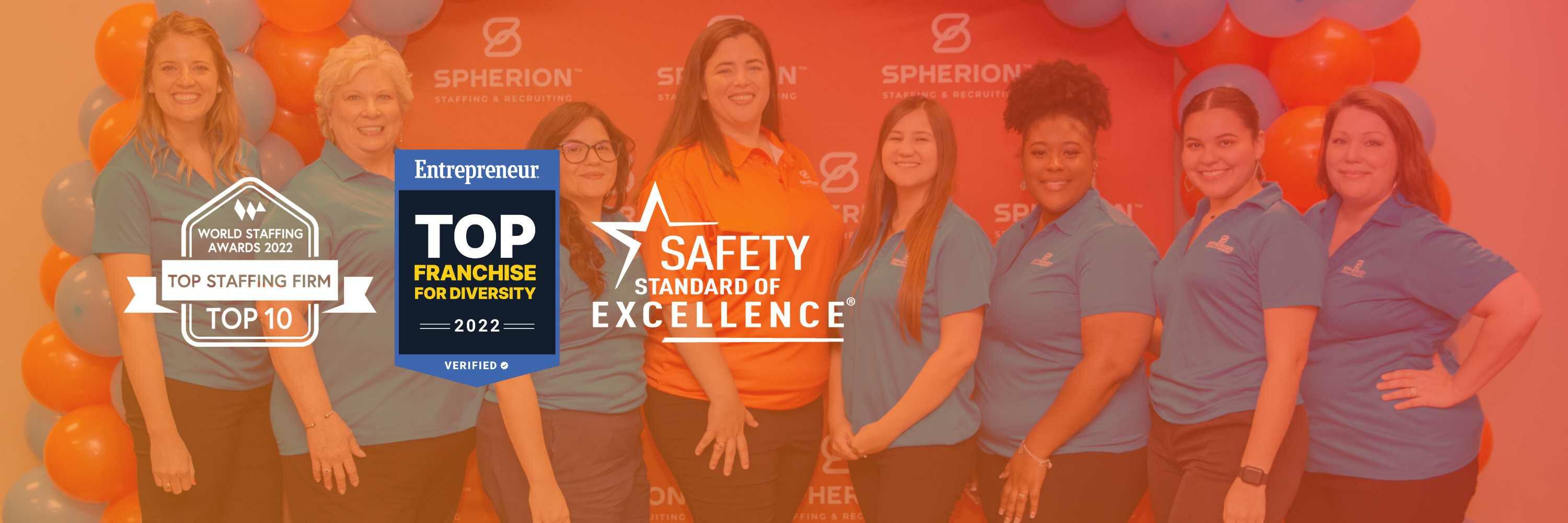 Orange background with Spherion staff cutting an opening day ribbon and 3 award badges overlayed.