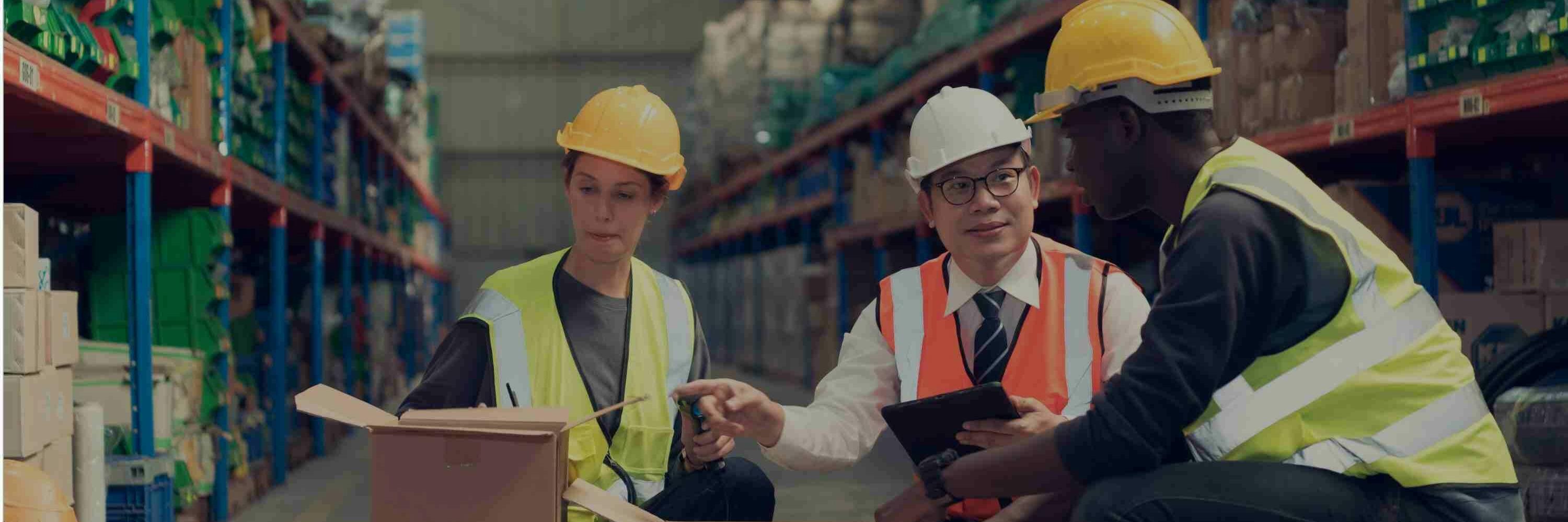 Three employees in hard hats in a warehouse setting