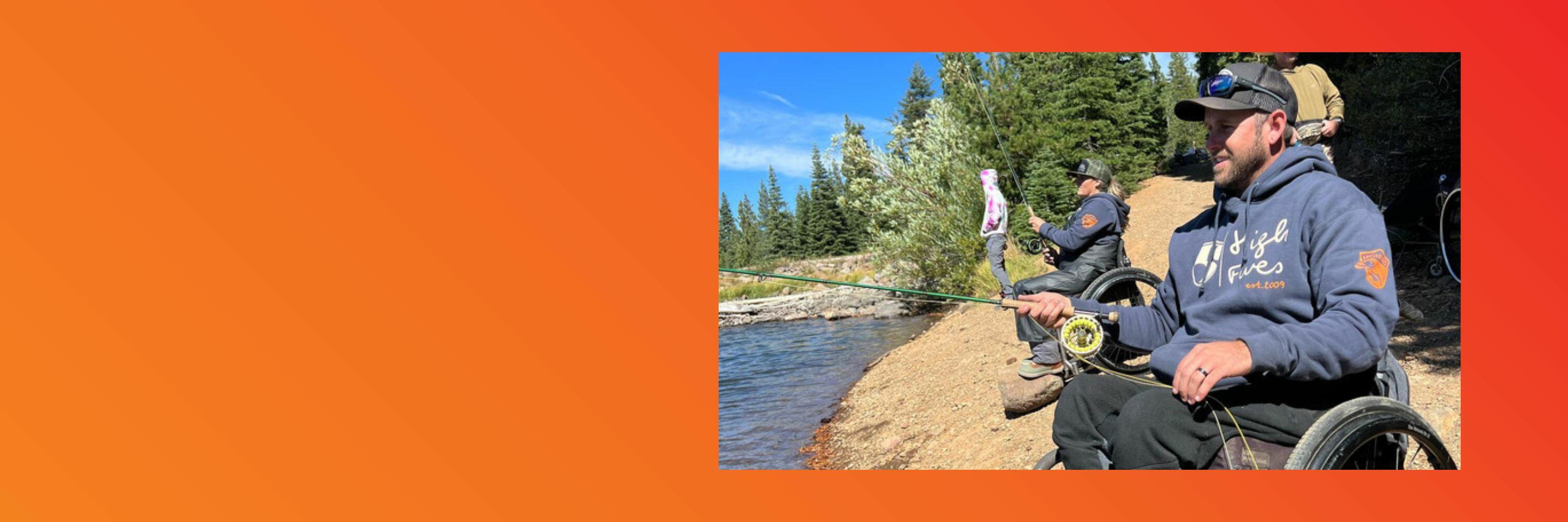 An orange banner with a photo of a man in a wheelchair fishing