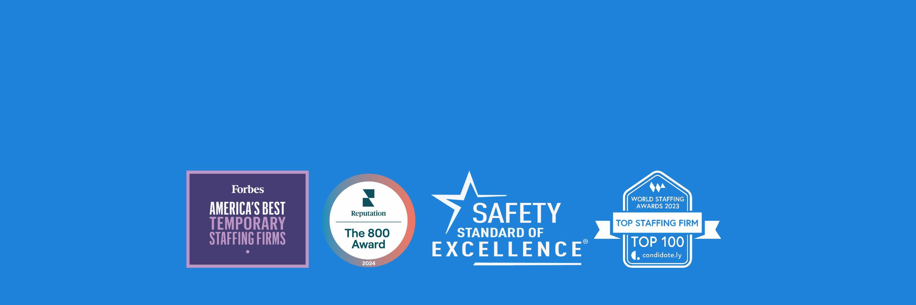Blue background with four award badges