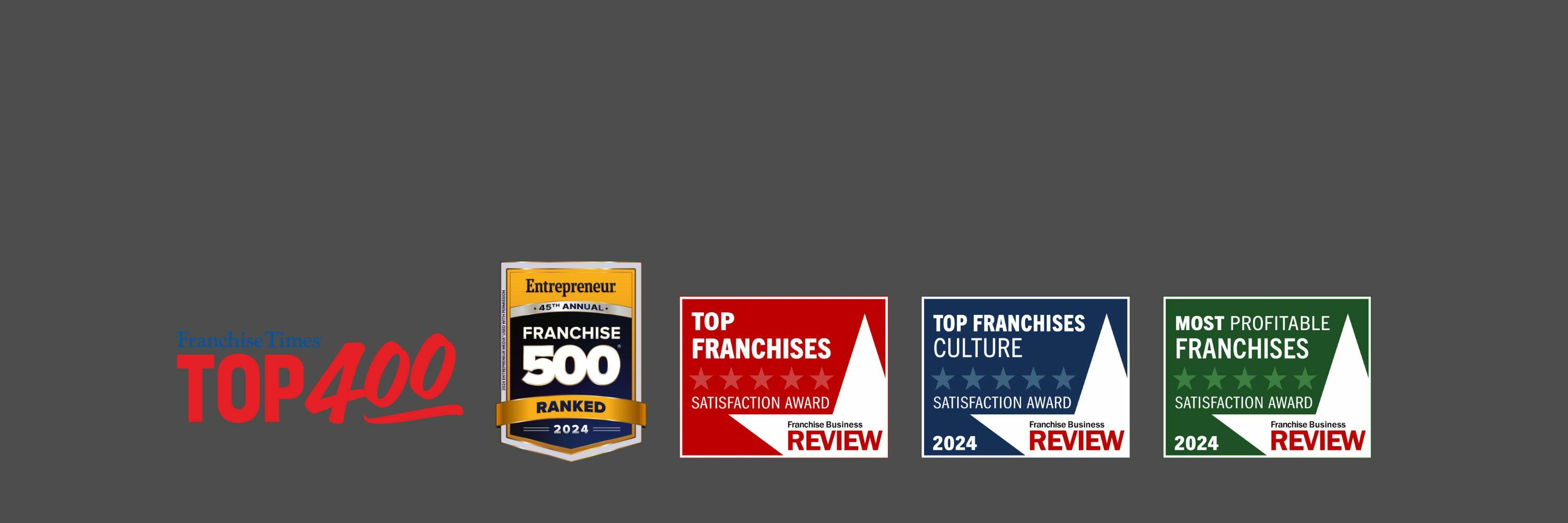 A gray background with five award badges