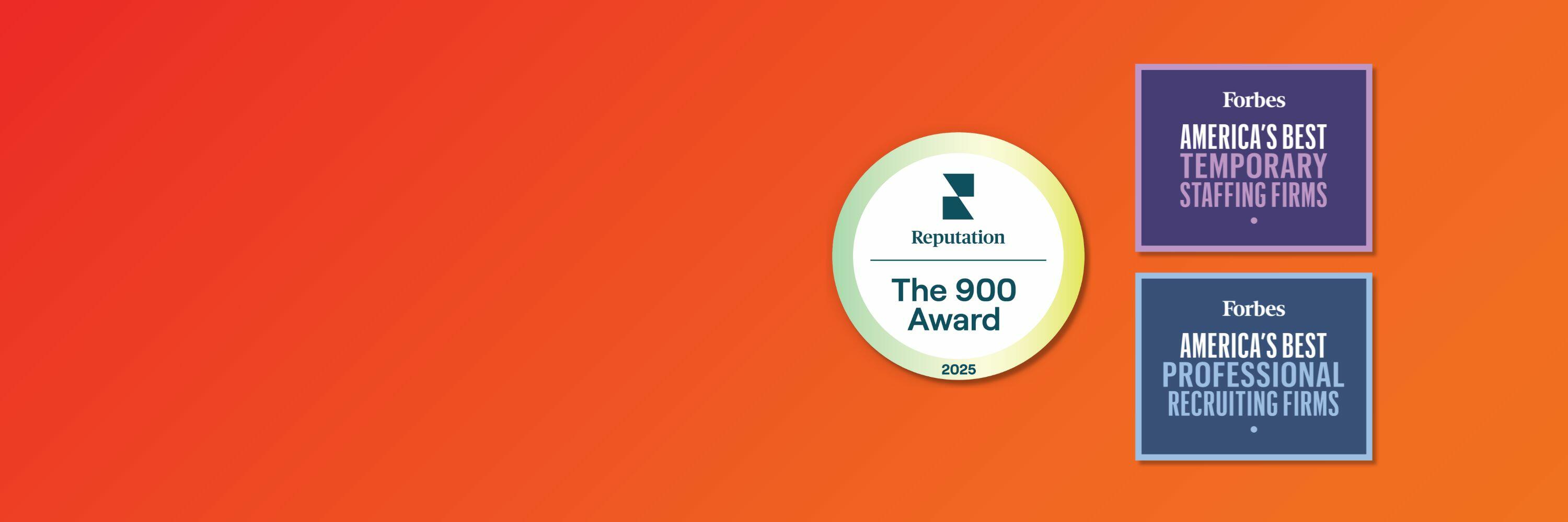 Orange background with three award badges in a group