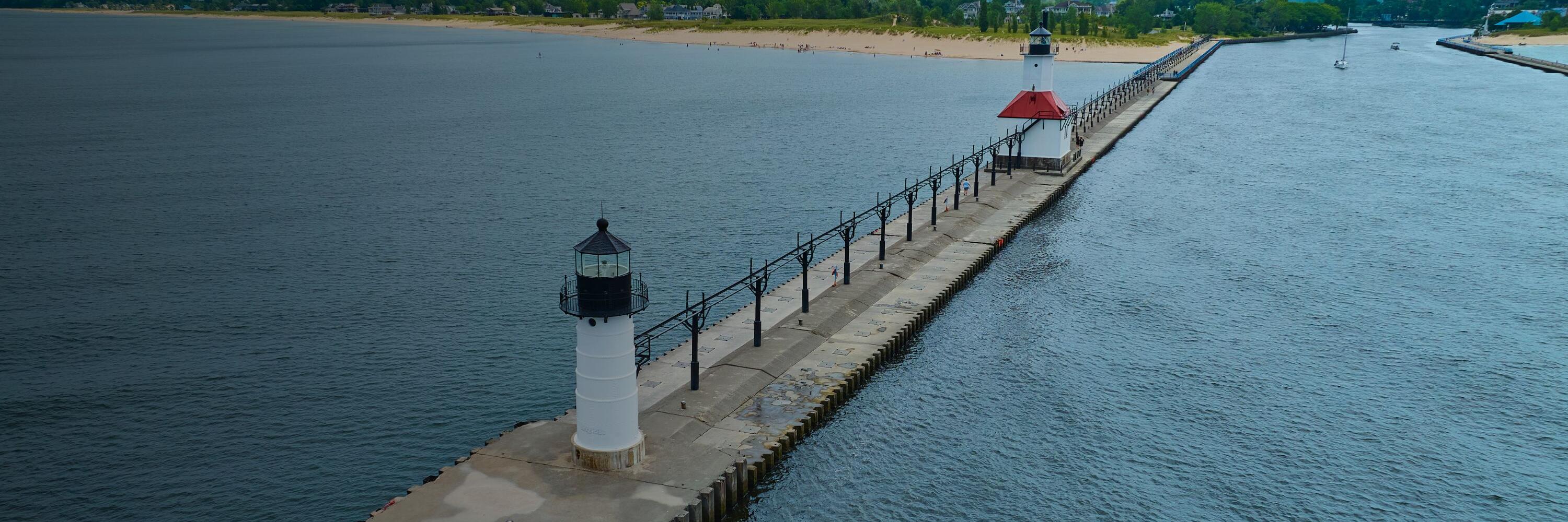 Aerial view of twin lighthouses on North Pier in Benton Harbor, Michigan