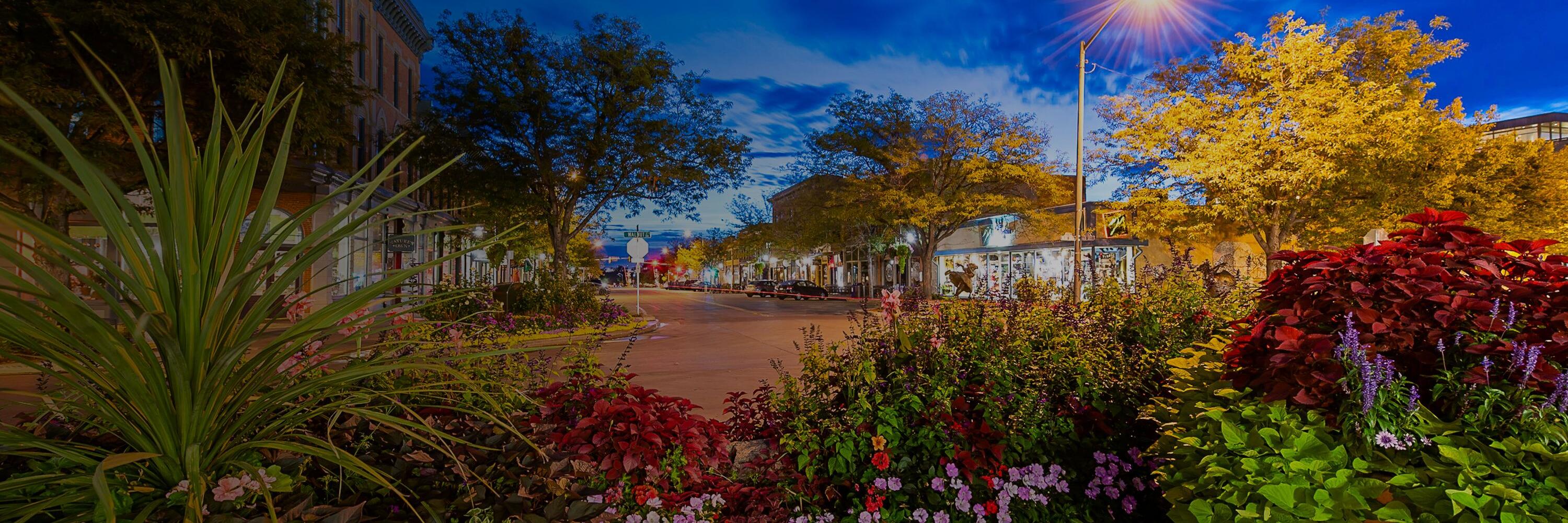 View of downtown Fort Collins, Colorado at night