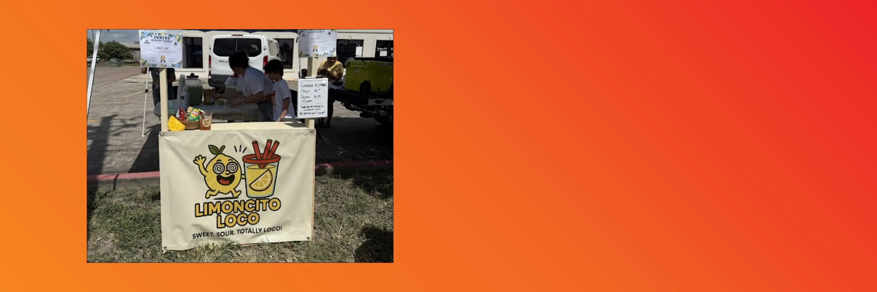Orange background with a photo of a lemonade stand