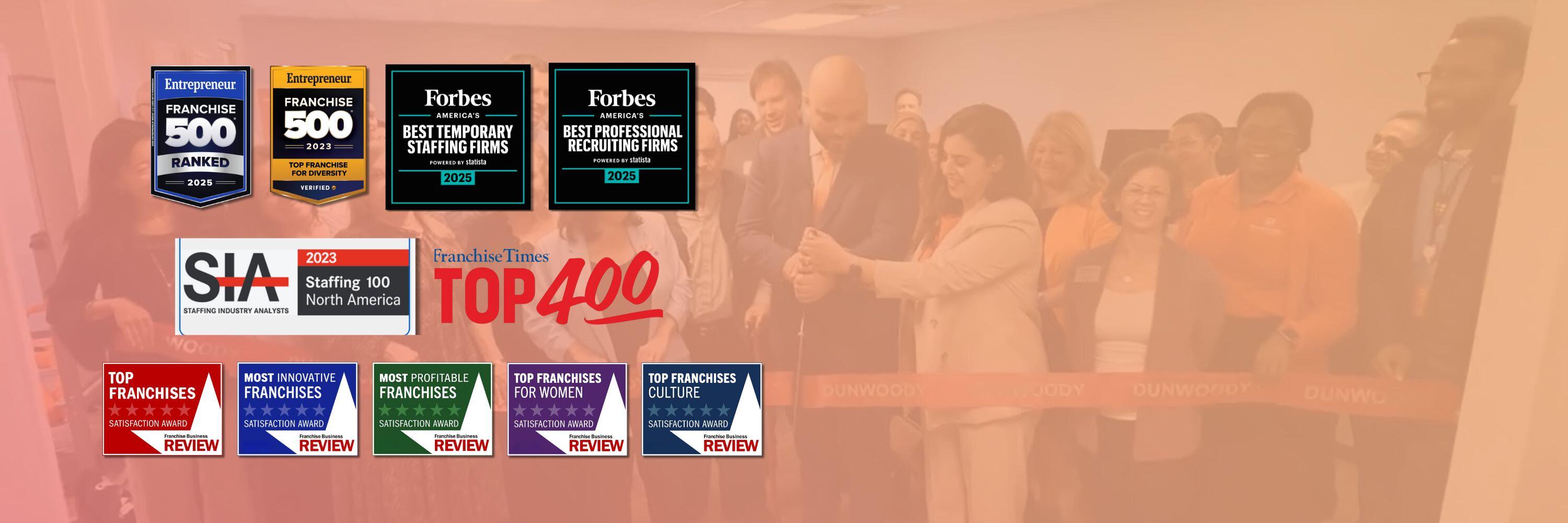 A photo of an office grand opening with award badges in rows on the left side