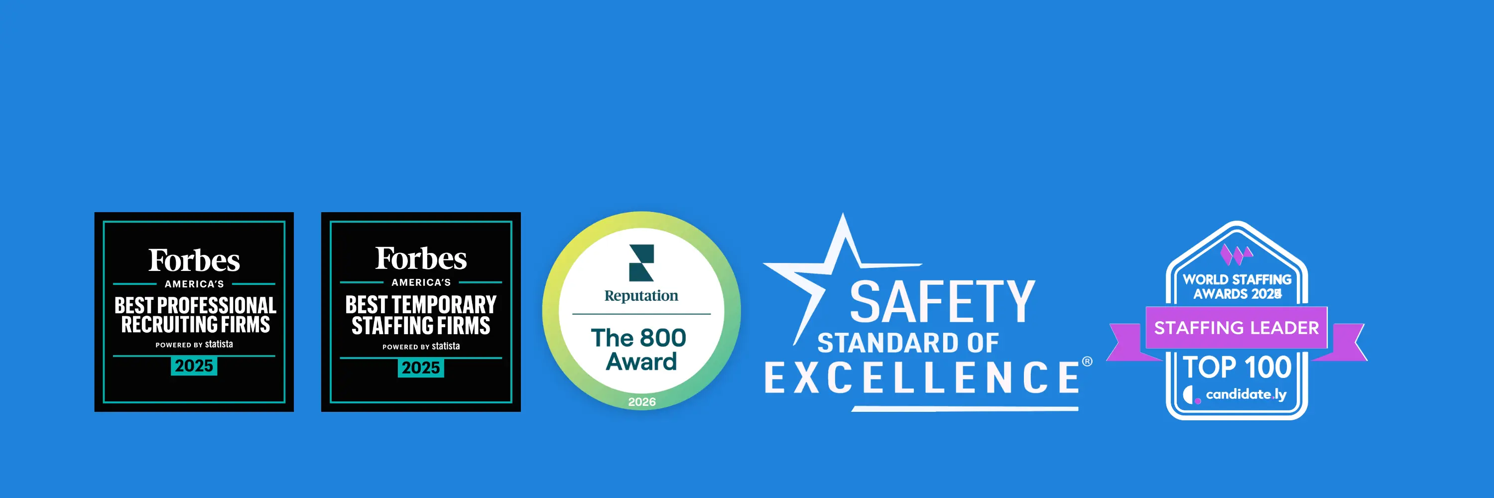 Blue background with five employer award badges